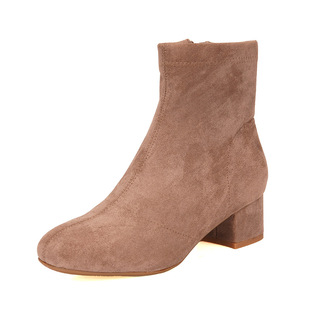 38绒面ZUSE在路上秋冬新款时尚短筒瘦瘦靴高跟复古方头粗跟短靴女