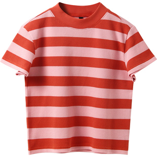 肌理感短袖T恤小高领时尚宽条纹半袖上衣女短款宽松上衣显瘦显高