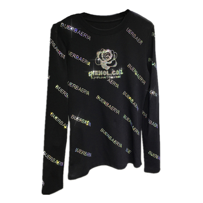 欧货重工烫钻打底衫女山茶花圆领