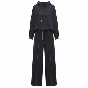 高级感休闲运动套装女秋冬季加绒连帽卫衣阔腿裤穿搭慵懒风两件套