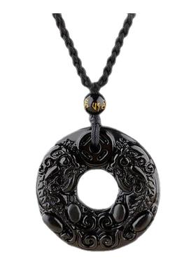 天然黑曜石貔貅平安扣吊坠男女士