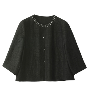 呈品非遗龟裂纹香云纱钉珠圆领短外套女夏透气短衫2025新款短上衣