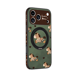 复古小马适用苹果17promax手机壳新款旋转支架iphone16全包防摔por皮纹15女磁吸红色保护外壳秋冬马年高级感