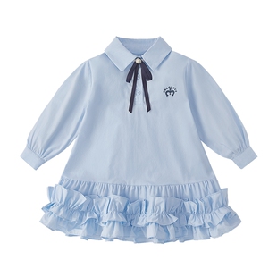 [抗菌纯棉]女童连衣裙宝宝学院风冬装女大童蓝色时尚儿童冬季裙子