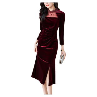 酒红金丝绒连衣裙女2025秋冬新款结婚妈妈装礼服年轻洋气长款旗袍