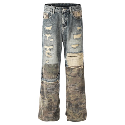 美式破坏拼接水洗微喇牛仔裤