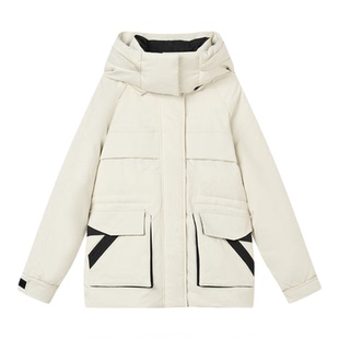 Jamor加墨粉色米色羽绒服2025冬新款时尚连帽腰部抽绳工装风保暖