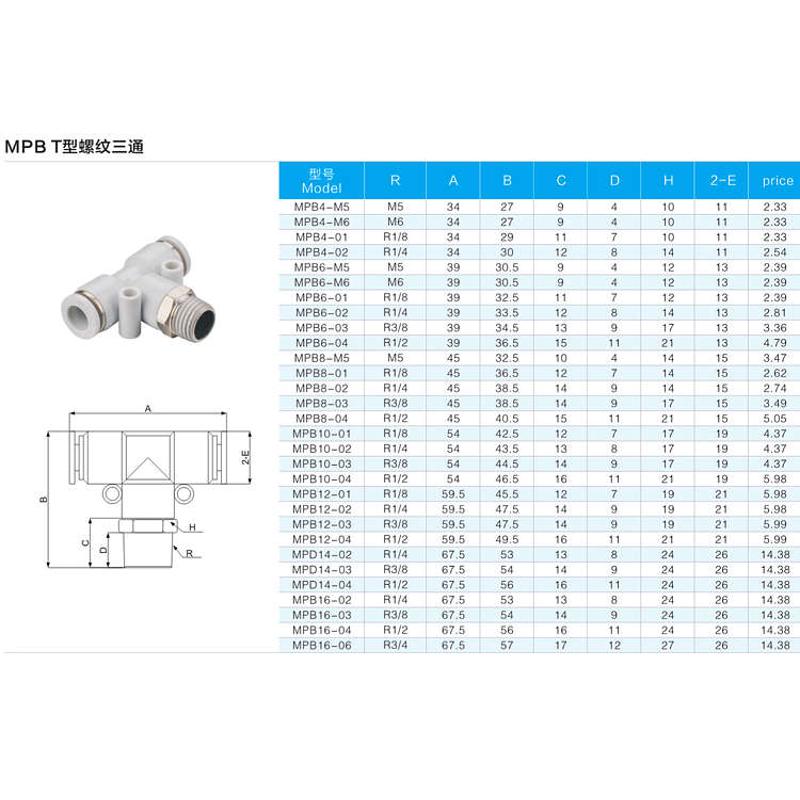 气动T型正三通白色气管PB4-01/8-02 M5快插螺纹快速接头10只装
