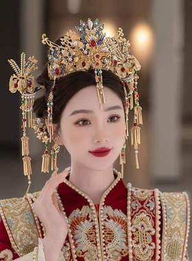 新娘头饰中式景泰蓝凤凰流苏分体汉服婚礼盘发秀禾服结婚发饰8289
