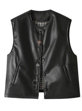 美拉德复古精致刺绣PU皮马甲女冬宽松夹棉保暖棉衣无袖马夹短外套