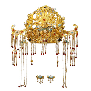 汉服凤冠头饰古装中式婚礼新娘汉婚发冠高端手工结婚饰品金色新款