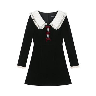 赫本风娃娃领黑色丝绒连衣裙女