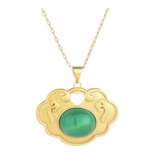 梅陇女项链首饰铜镀金古风设计如意平安锁项坠镶嵌玉髓和田玉配饰