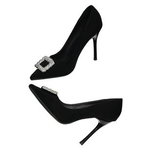 2025春季韩版尖头高跟鞋细跟性感水钻单鞋女百搭黑色绒面OL女鞋潮