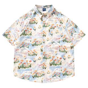 From Mars Cloud, flower, lapel, short-sleeved shirt, loose