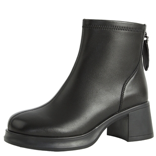 百田森真皮短靴女新款软底冬季配裙子粗跟保暖羽绒靴休闲黑色短靴