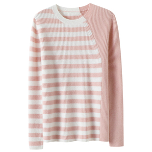 官方正品~告别廉价感！圆领条纹羊绒衫女100纯羊绒毛衣针织打底衫