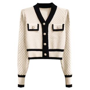 法式小香风复古泡泡袖高腰针织开衫短款上粗线毛衣外套女秋冬新品