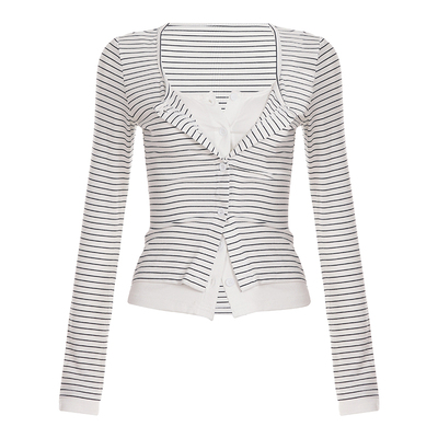 WEEKEEP 简约休闲条纹假两件排扣长袖T恤女百搭基础修身显瘦上衣