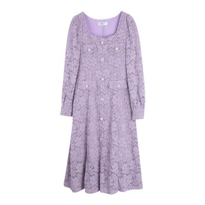 胖mm法式加绒显瘦蕾丝紫色连衣裙