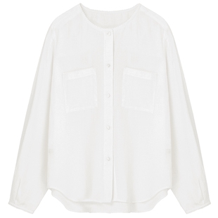 布景衬衫女春季新品简约文艺纯色长袖花边设计圆领含苎麻小衫0041