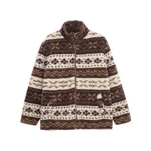荒荒家棕色菱格花毛绒茸外套2025秋冬新款复古港风保暖加厚夹克女