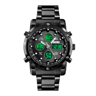 skmei时刻美男士LED双显电子表多功能钢表带大表盘防水石英手表