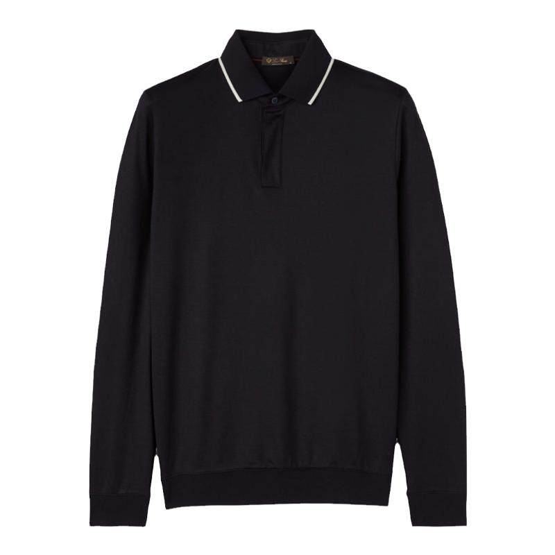 Loro Piana/诺悠翩雅男装羊毛针织黑色休闲长袖polo衫