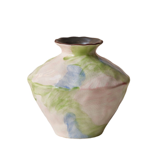 原版景德镇陶瓷花瓶法式复古中古风绿色油画干花鲜花插花客厅摆件