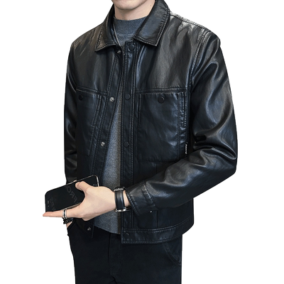 拼接潮牌修身痞帅翻领夹克皮衣