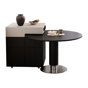 分离式岛台圆餐桌一体伸缩美式复古风厨房餐厅高级感黑色餐岛一体