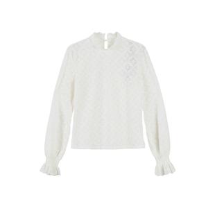 Lucidy/鲁思蒂蕾丝长袖t恤女2024新款设计感小众白色休闲磨毛上衣