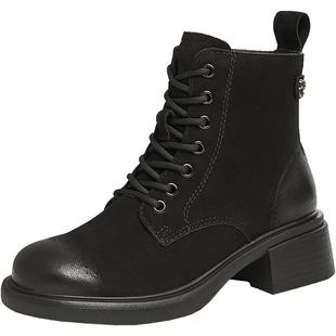 Tata他她牧野山林粗跟复古马丁靴羊皮短靴子加绒增高女鞋WZQ02DD4