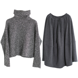 兮风慵懒高级感羊毛呢套装时尚休闲高领毛衣禅意茧型半身长裙秋冬