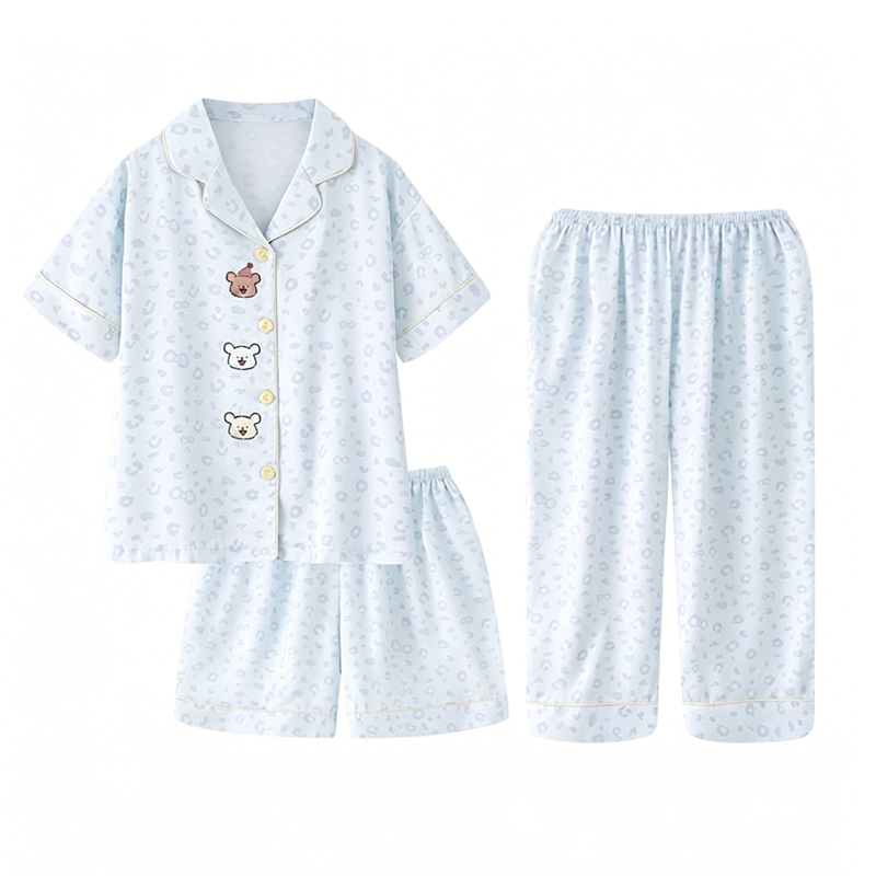2026新款儿童睡衣夏季女童冰丝薄款短袖睡衣三件套女孩好看家居服