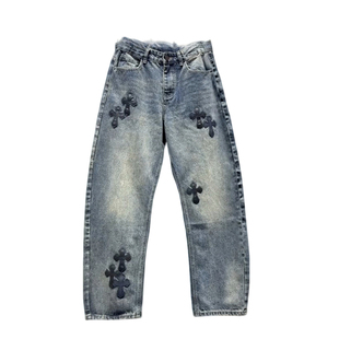 秋冬潮牌拼片贴皮刺绣十字花牛仔裤男士美式痞帅百搭微弯刀直筒裤