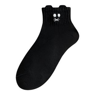 白色袜子女纯棉短袜女士可爱刺绣浅口船袜黑日系纯色棉袜百搭女袜