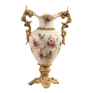 美式乡村落地双耳奖杯陶瓷花瓶创意家居客厅装饰欧式陶瓷波浪口瓶