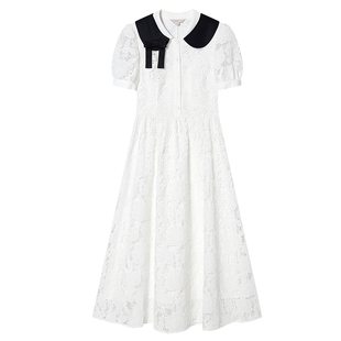 Goodland美地夏季撞色领镂空亮片蕾丝仙女连衣裙