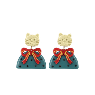BOMBCACA farmhouse猫外婆原创复古色猫咪波点蝴蝶结耳环阻力耳夹