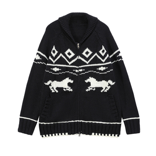 NON RESTRAIN费尔岛提花羊毛针织开衫女宽松青果领双拉链毛衣外套