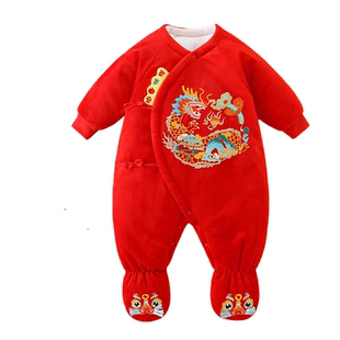 宝宝满月服冬款婴儿包脚棉衣男女孩百岁宴连脚新生儿喜庆拜年服红