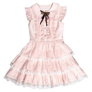 啦啦酱 松子棠 娃娃领粉色小飞袖连衣裙蕾丝边蛋糕裙甜美公主裙女