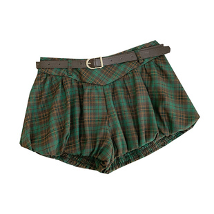 秋冬新款复古百搭格纹高腰遮跨显瘦花苞阔腿裤短裤a字裤女配皮带