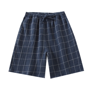 睡裤短裤男士夏季薄款纯棉纱布绉布简约日系格子五分裤家居裤睡觉