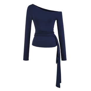 【包邮】欧美风新款性感斜肩T恤飘带修身褶皱显瘦上衣设计感长袖