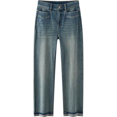 森马弹力翻边直筒九分牛仔裤女