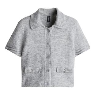 HM女装毛针织衫春季翻领单排扣休闲气质短袖开衫1262823