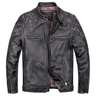 欧美风复古做旧真皮皮衣青年男士修身短款机车皮夹克时尚立领外套