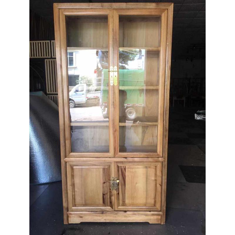 新中式香樟木书柜实木玻璃两三门组合仿古全樟木书架家用书房家具